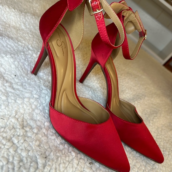 Jessica Simpson Red Satin Heels with Ankle Strap - Picture 1 of 4